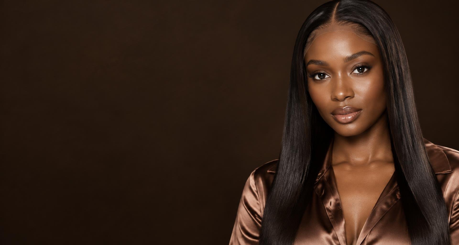 Luxury straight frontal installation on a Black woman, with a seamless hairline and glossy dark hair